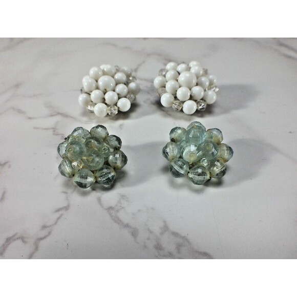Vintage Signed Germany Clip On Earrings Beaded Cluster Green White Lot of 2 READ - Picture 1 of 4